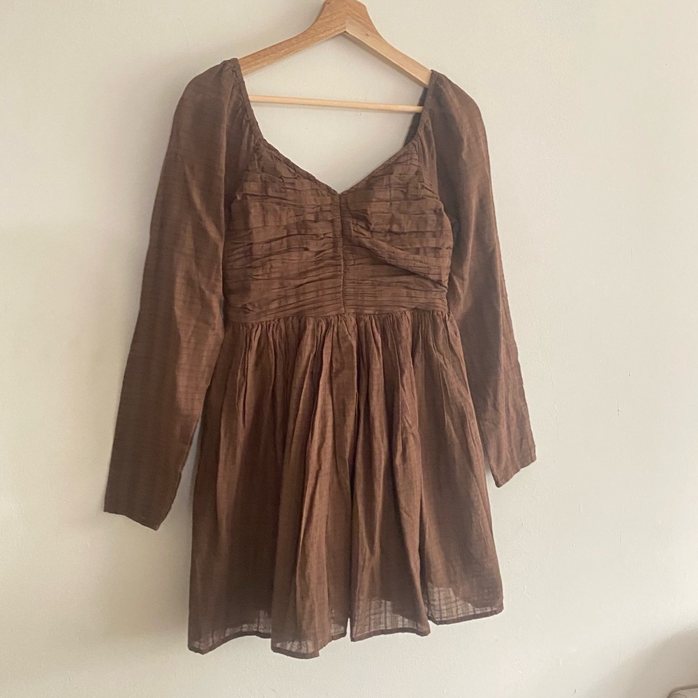 AE Ruched Long-Sleeve Mini Dress in Brown - S - Picture 7 of 16